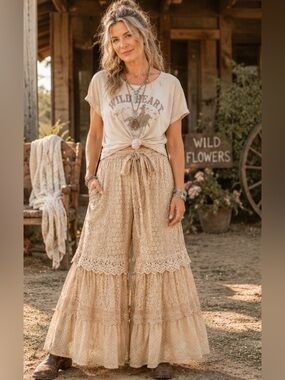 Young Threads Lace Crochet Palazzo Pants | L Boho Wide Leg Ruffle